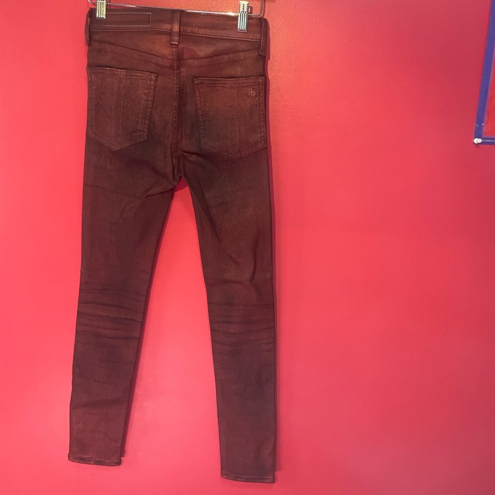Burgundy Metallic Leather Coated Skinny High Waisted Jeans